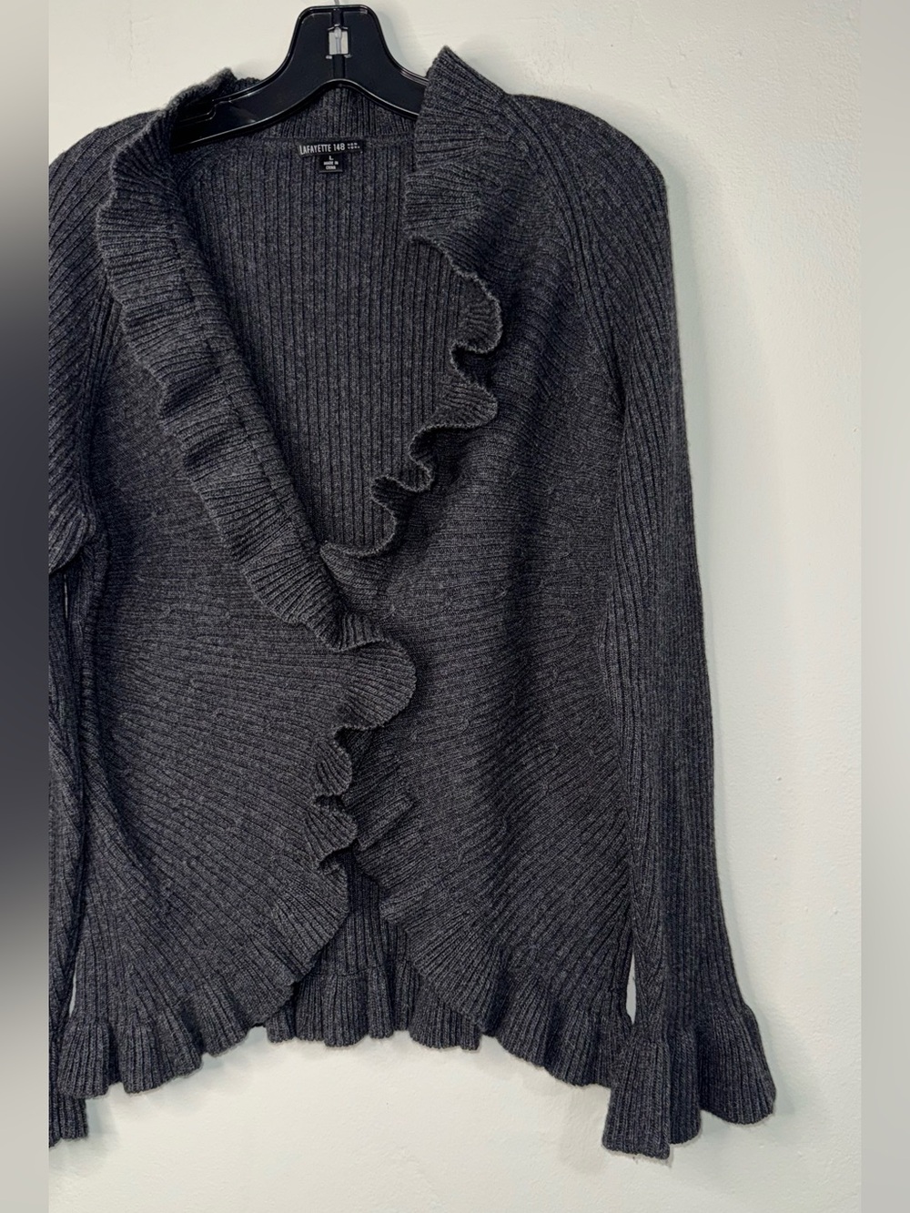 Lafayette 148 New York Charcoal Ruffle-Trim Knit Cardigan - Picture 2 of 10